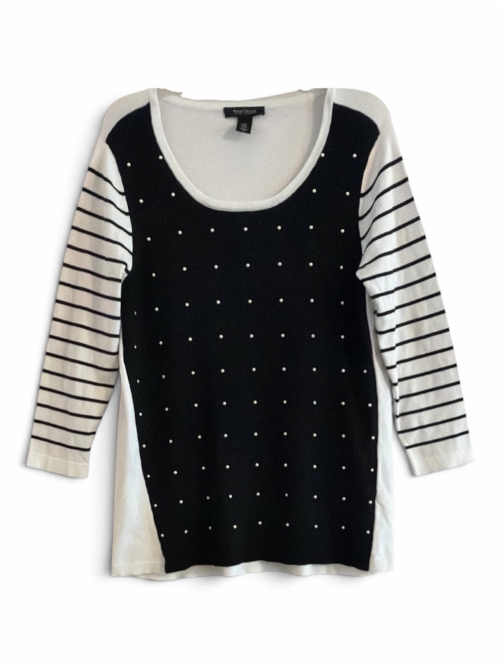 WHBM Black White Striped Sleeve Studded Front Panel Scoop Neck Sweater L